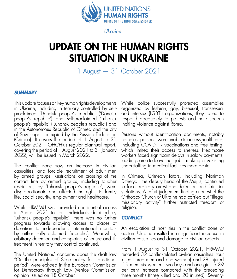 Update on the Human Rights situation in Ukraine over the period 1 August — 31 October 2021