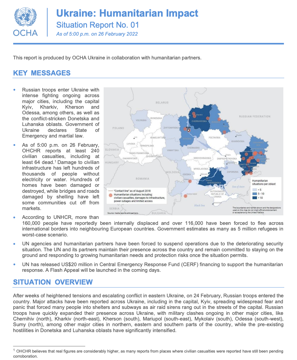 Ukraine: Humanitarian Impact Situation Report No. 1 (As of 5:00 p.m. on 26 February 2022)