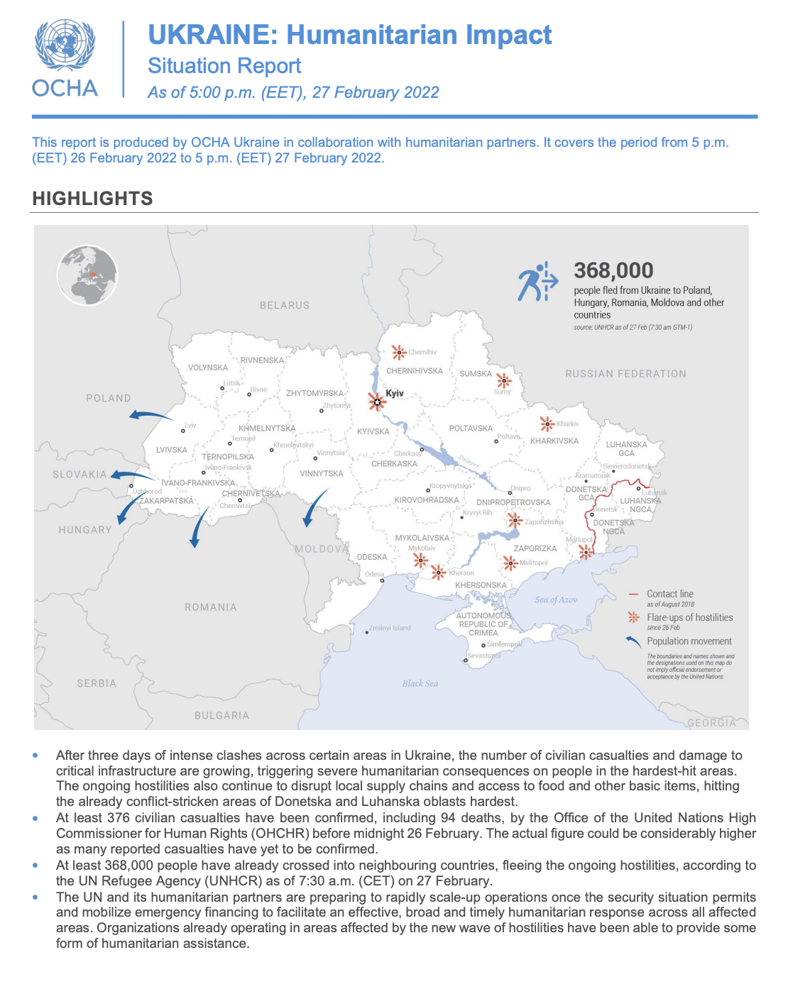 Ukraine: Humanitarian Impact Situation Report As of 5:00 p.m. (EET), 27 February 2022