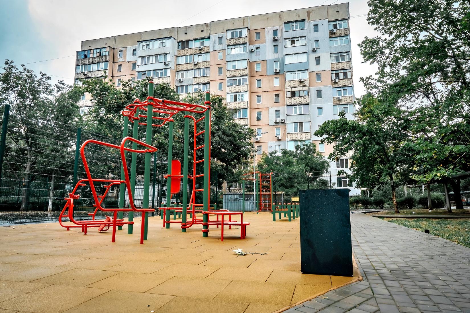 kids playground with damaged building